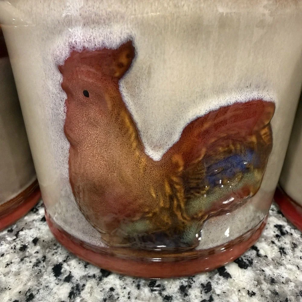 Vintage Rooster Chicken Canister Set of 3 Glazed Pottery Farmhouse Grandma Core